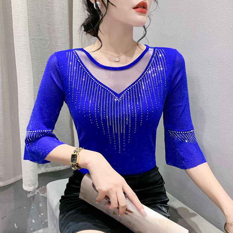 실사 2026 여름 새로운 망사 패션 홀로우 아웃 핫픽스 섹시함 다용도 슬림해 보이는 7부 소매 자외선 차단 여성 셔츠