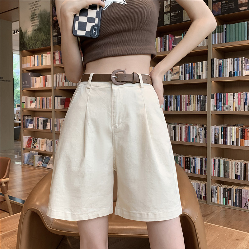 Washed cotton stretch thin high-waisted loose wide-leg pants small casual overalls mid-length pants