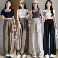 实拍系带褶皱冰丝阔腿裤女2023夏季高腰垂感直筒凉凉裤宽松休闲裤