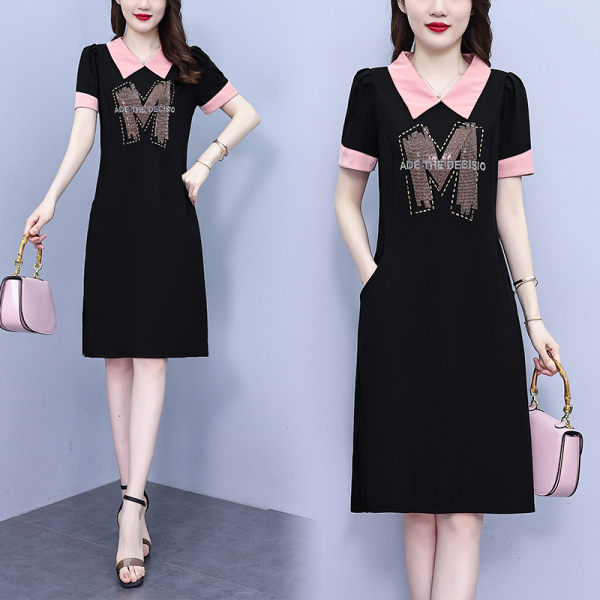 RM13013#大码女装2023夏季新款韩版气质减龄显瘦烫钻时尚连衣裙
