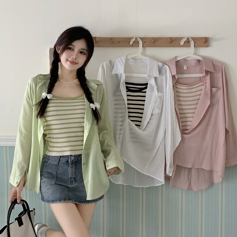 RY520# 实拍春夏新款大码女装时尚防晒衣衬衫修身条纹针织背心两件套