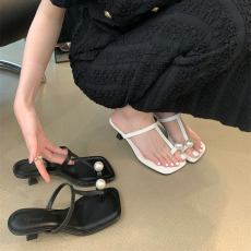 批发2023夏季新款珍珠套指高跟穆勒凉鞋一字拖鞋女夏小猫气质ins凉拖