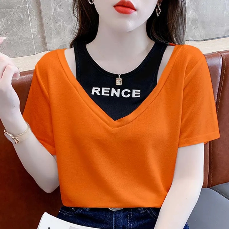 FA36164# 假两件短袖t恤女士纯棉夏装新款设计感小众女装体恤上衣  服裝批發女裝批發服飾貨源