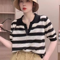 批发品<b class='q'>哥</b><b class='q'>弟</b>新女装2023夏季翻领polo<b class='q'>针织衫</b>冰丝条纹短袖t恤女薄款上衣