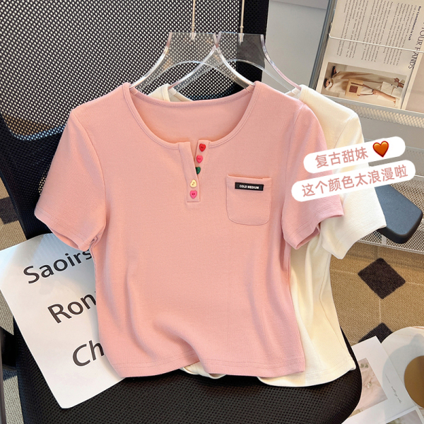 RM13566#v领短袖t恤女2023新款夏季粉色短款上衣体恤内搭打底衫