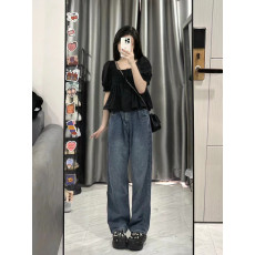 批发夏季小个子时尚减龄套装新款收腰显瘦娃娃衫直筒牛仔裤套装