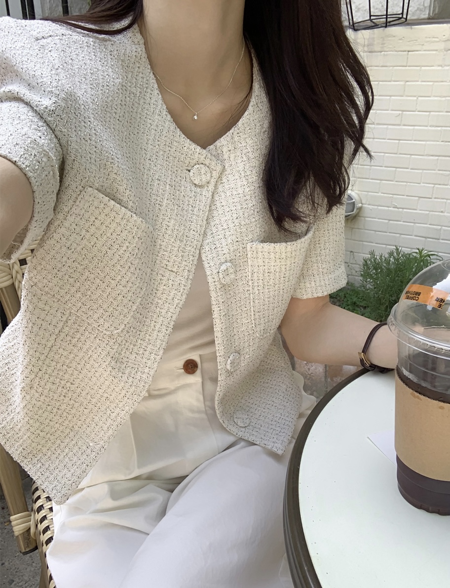 있음 선적 chic 프랑스식 작은 샤넬 스타일 체크무늬 반팔 작은 외투 여성 슬림해 보이는 품격 다용도 오픈 가디건