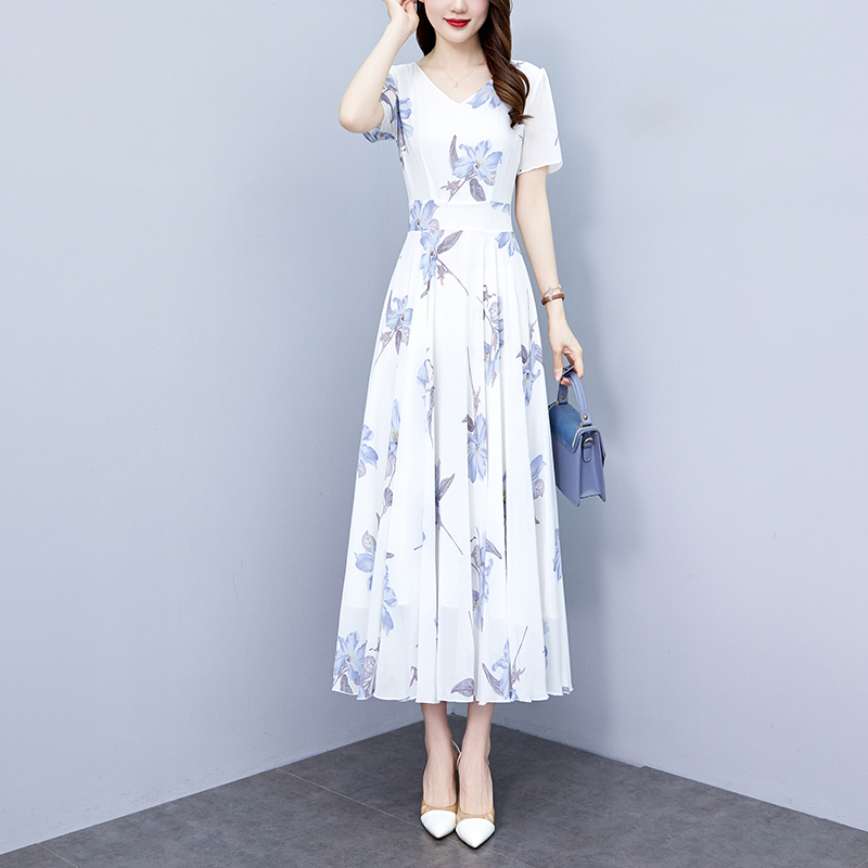 PF26563# 夏季新款雪纺碎花连衣裙大码胖mm收腰显瘦遮肚长裙女裝貨源服裝批發