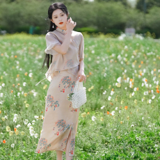 批发新中式国风改良复古印花立领系带修身淑女短袖上衣包臀<b class='q'>裙</b>日常套装