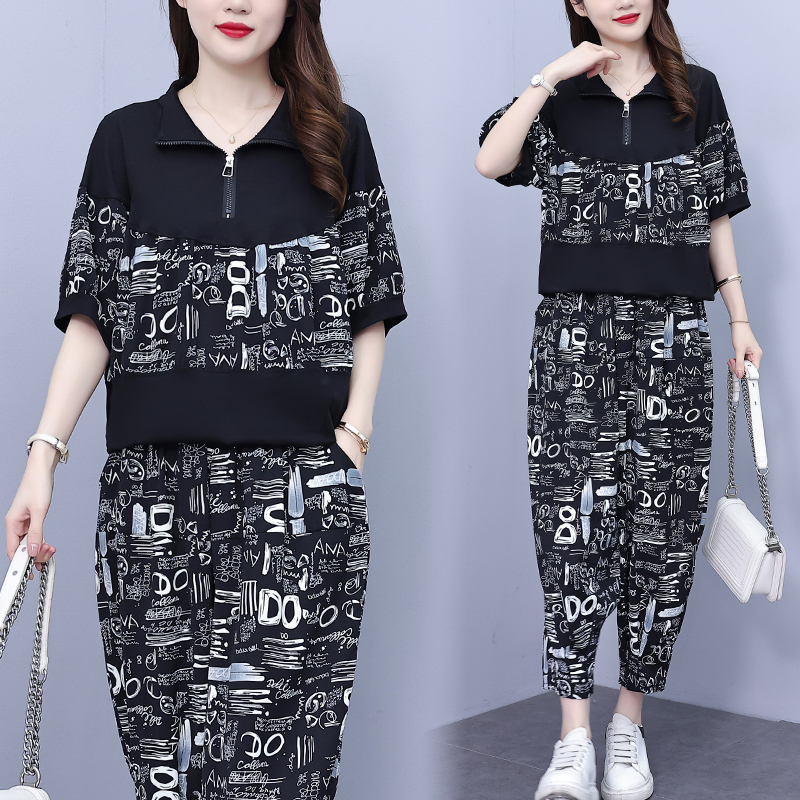 MY12461#大码女装中年妈妈时尚减龄洋气宽松拼接上衣九分裤两件套女裝貨...