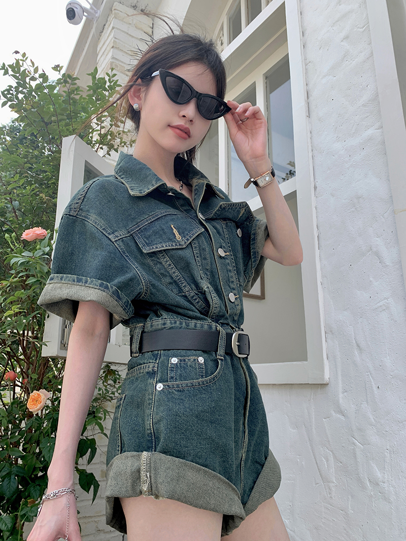 Korean denim jumpsuit summer design sense retro high waist jumpsuit shorts