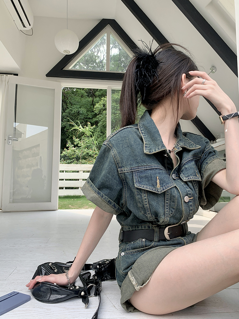 Korean denim jumpsuit summer design sense retro high waist jumpsuit shorts