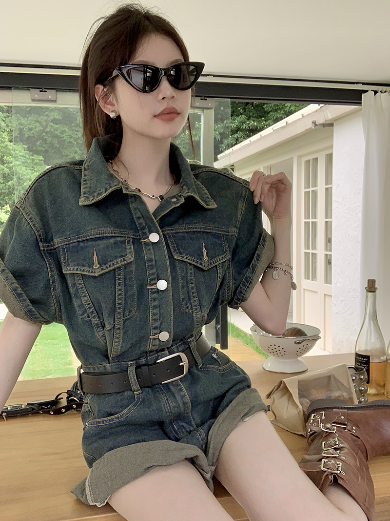 Korean denim jumpsuit summer design sense retro high waist jumpsuit shorts