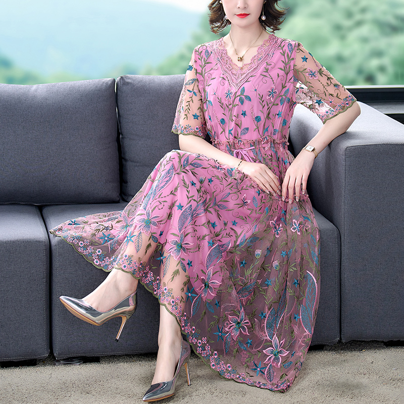 MY2876#时尚刺绣中长裙高贵气质 优雅收腰遮肚显瘦裙女裝貨源服裝批發