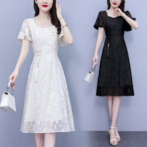 RM13028#大码女装2023年夏季新款新中式收腰显瘦方领提花雪纺连衣裙