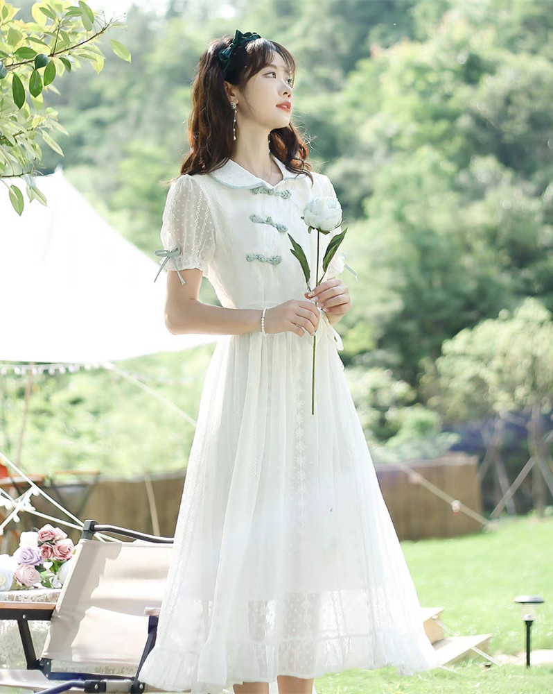 2026 여름 작은 청신 문예 국풍 베이비 칼라 달콤함 숙녀 반팔 드레스