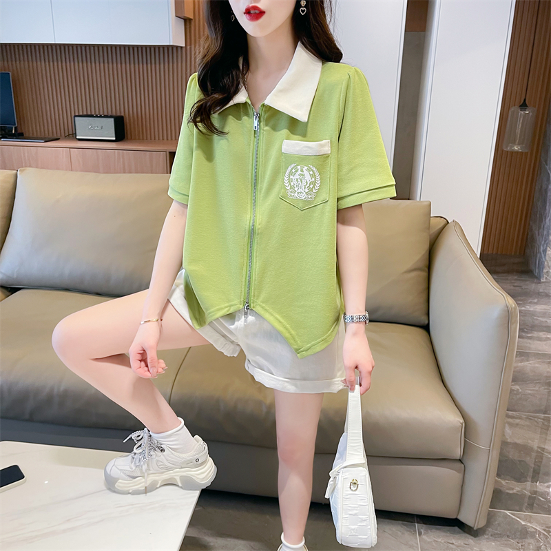 Real shot 2024 summer Korean style loose POLO collar pocket printed large size short-sleeved T-shirt for women