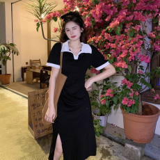 批发撞色polo<b class='q'>连衣裙</b>女夏季新款胖MM收腰显瘦设计感开叉别致长裙子