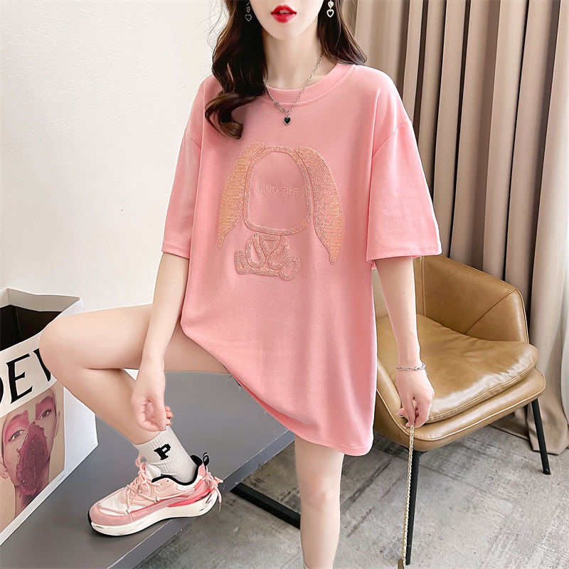 Real shot 2024 summer Korean style loose round neck cartoon embroidered large size short-sleeved T-shirt for women