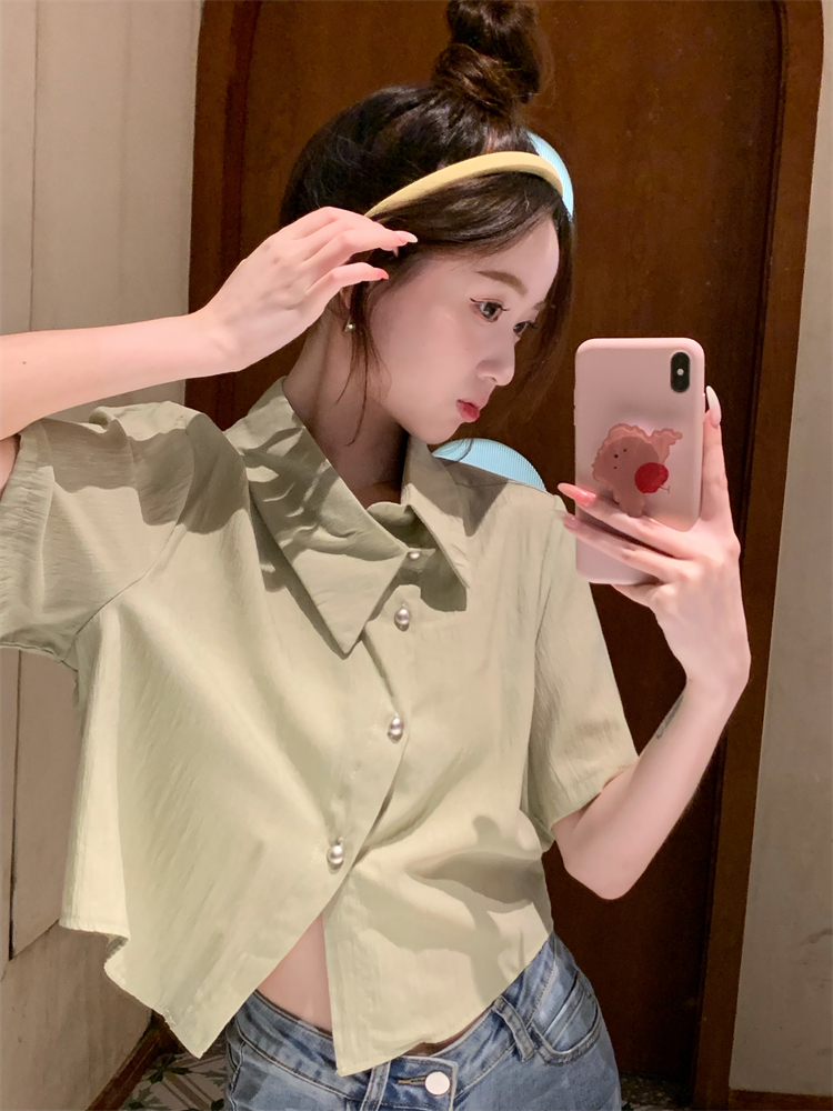 LN35503# 夏季新款韩版薄款纯色不规则翻领短袖衬衫女 服裝批發女裝批發服飾貨源