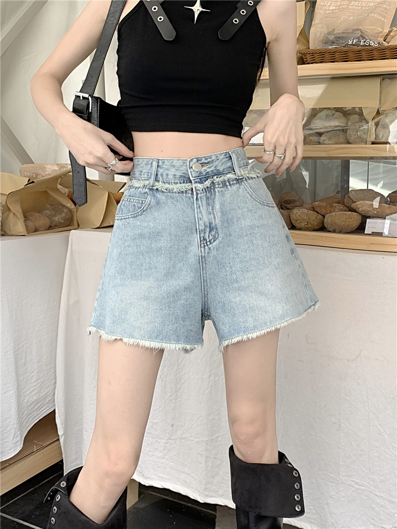 Actual shot and real price ~ New style high-waisted slimming raw edge design versatile denim A-line wide-leg shorts