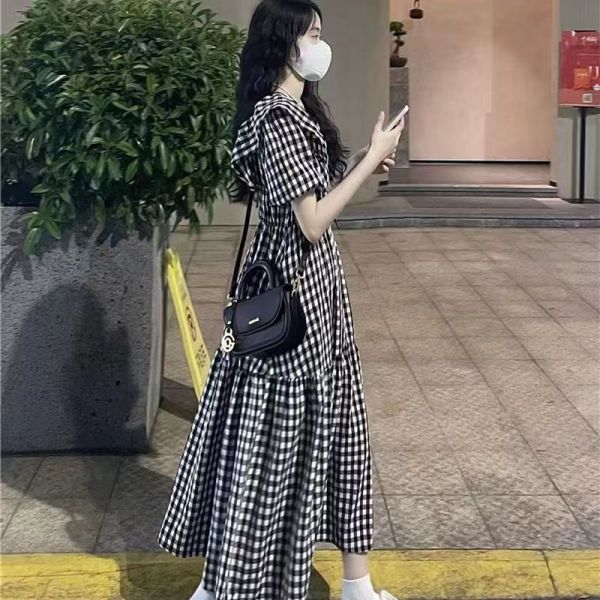 RM13740#连衣裙女学生短袖新款法式复古收腰显瘦格子女夏季中长裙