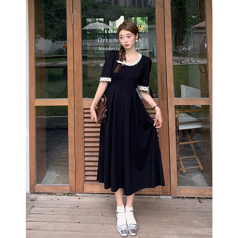 MY12458#大码女装夏季圆领蕾丝花边拼接套头连衣裙纯色甜美遮肉显瘦中长裙女裝貨源服裝批發