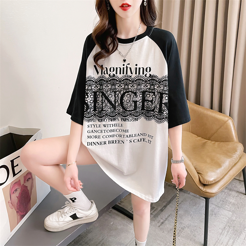 Real shot 2024 summer Korean style loose round neck raglan sleeves letter printed large size short-sleeved T-shirt for women