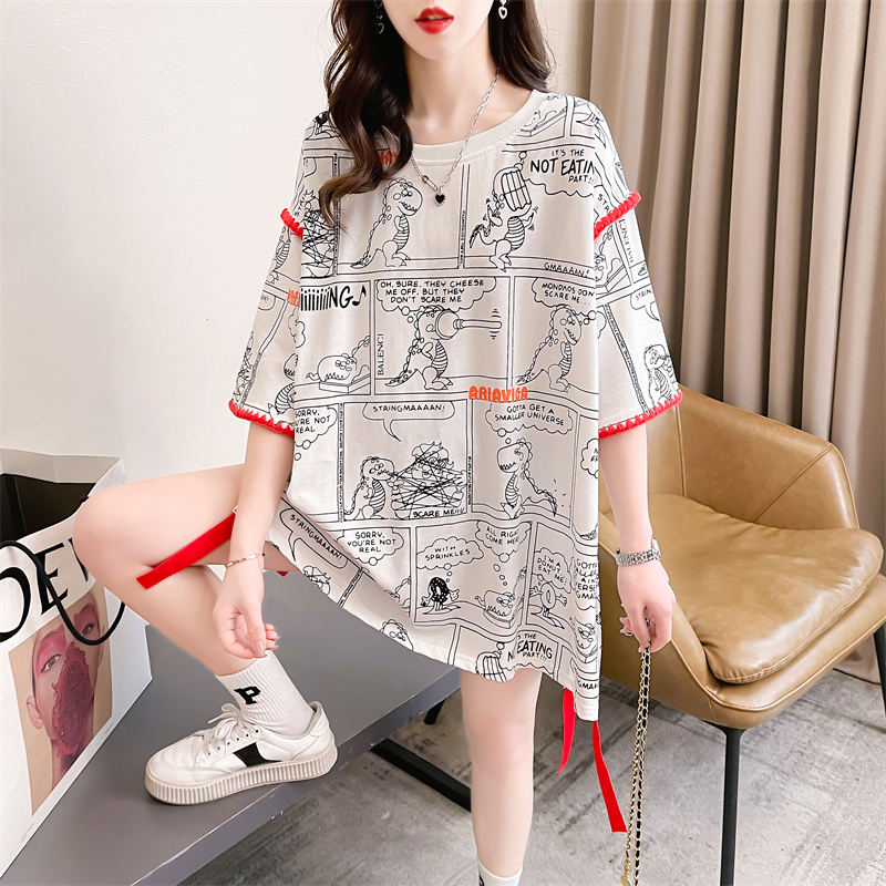 Actual shot of 2024 summer Korean style loose round neck color block cartoon print large size short-sleeved T-shirt for women