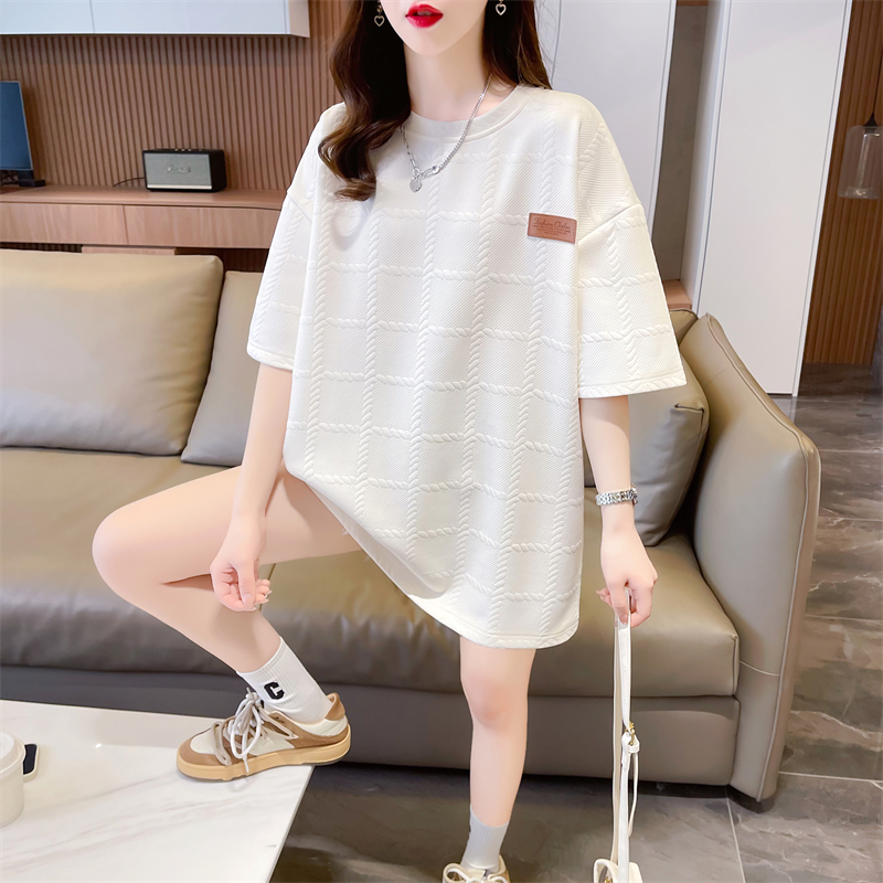 Real shot 2024 summer Korean style loose waffle round neck label large size short-sleeved T-shirt for women