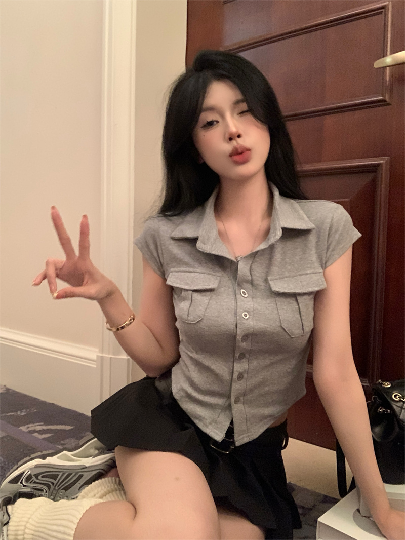 실사 정가 2026 새로운 핫걸 POLO 칼라 작은 대중 디자인 허리 수축 슬림해 보이는 셔츠