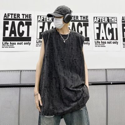 港风复古暗黑无袖T恤男夏季休闲破洞设计感小众背心痞帅运动汗衫