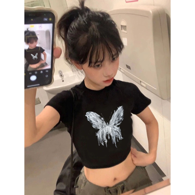 蝴蝶印花法式短款短袖T恤女2023夏季新款韩式修身显瘦独特上衣