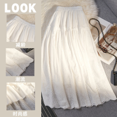 批发重工蕾丝<b class='q'>半身</b>裙女夏2026新款韩国高腰拼接勾花仙女大摆a字中长裙