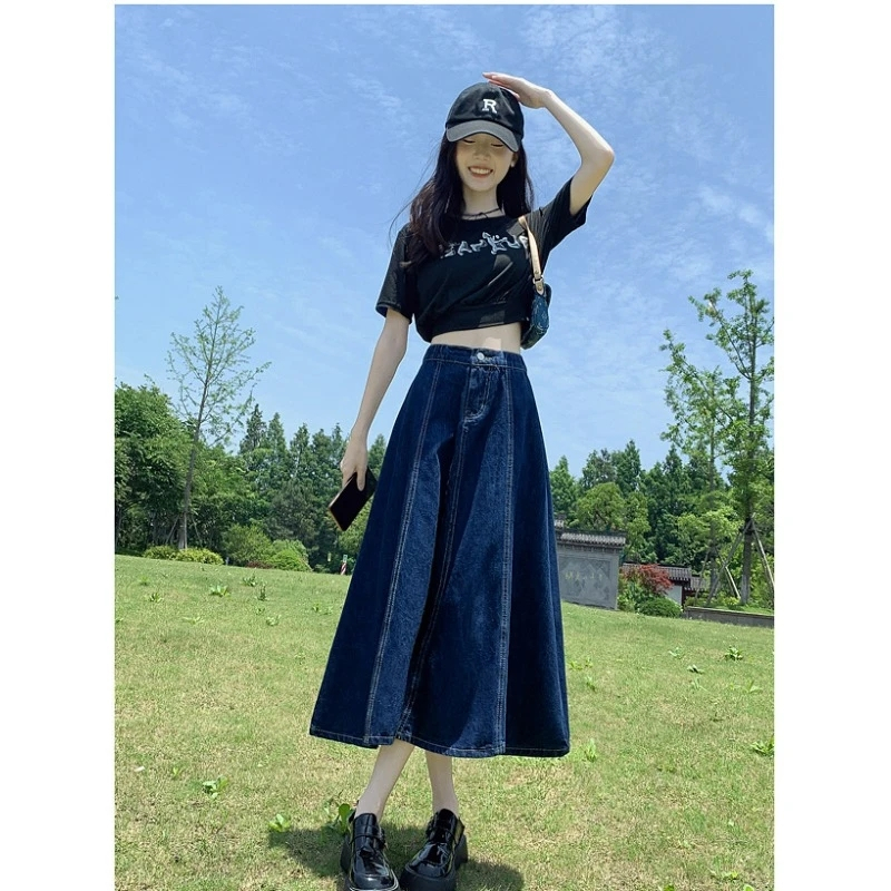 2024 New High Waisted Versatile Loose Skirt Women’s Summer Long Skirt Mid-Length Slim Covering Denim Umbrella Skirt