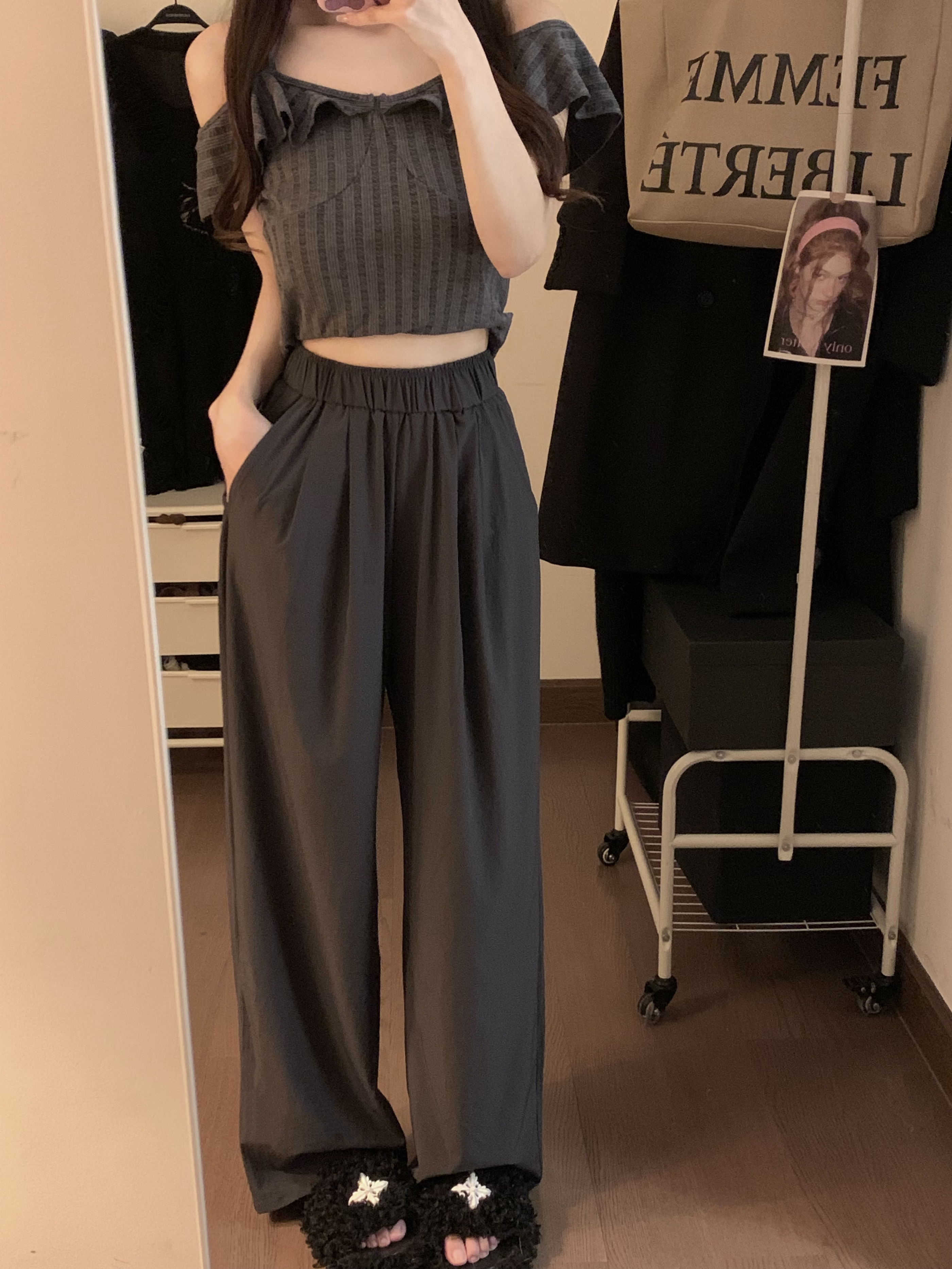 Real shot ~ Summer thin mask pants casual loose wide leg pants women high waist slim straight trousers