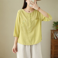 批发实拍2023新款复古圆领纯色苎麻刺绣上衣女夏半袖宽松文艺<b class='q'>T</b><b class='q'>血</b>女