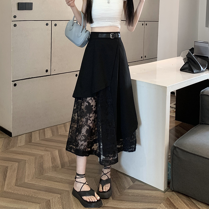 FA28907# 夏季新款辣妹网纱拼接镂空高腰不规则个性小众半身裙女 服裝批發女裝批發服飾貨源