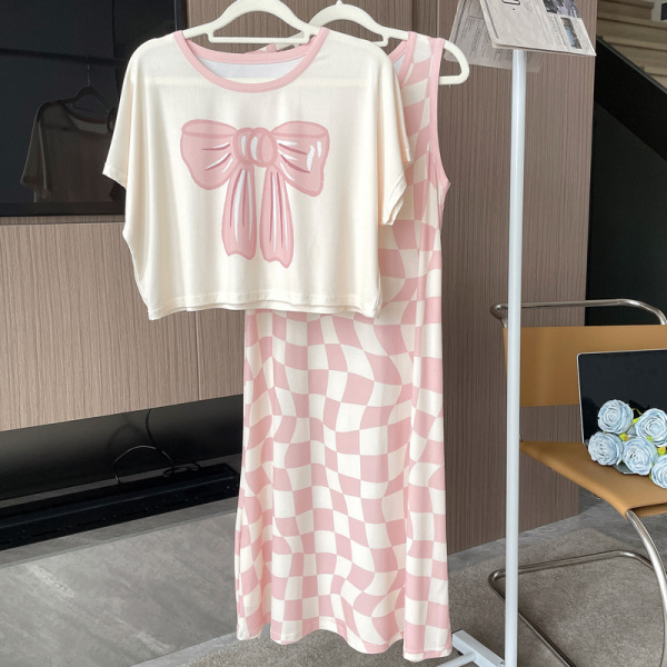 RM13594#睡裙女士短袖夏季薄款罗纹冰丝睡衣可爱家居服中长套装