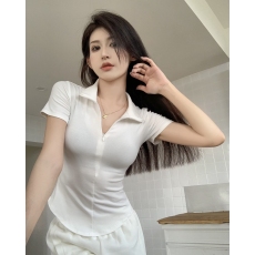 批发实拍实价夏季新款辣妹风翻领拉链收腰显瘦短款短袖T恤<b class='q'>运动</b>上衣