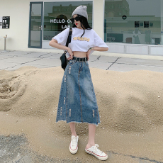批发破洞牛仔半身裙女2023春夏新款大码高腰中长款a字胖MM包臀裙子
