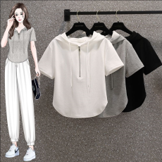 实拍夏季大码女装别致连帽拉链辣妹高腰纯棉短袖T恤M-4XL200斤