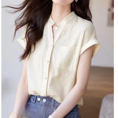 批发气质百搭小<b class='q'>立领</b>V领短袖衬衫女韩版时尚洋气宽松插肩袖小飞袖衬衣
