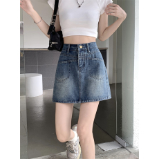 批发实拍复古半身牛仔短裙女夏季小个子显瘦a字防走光包臀半身裙