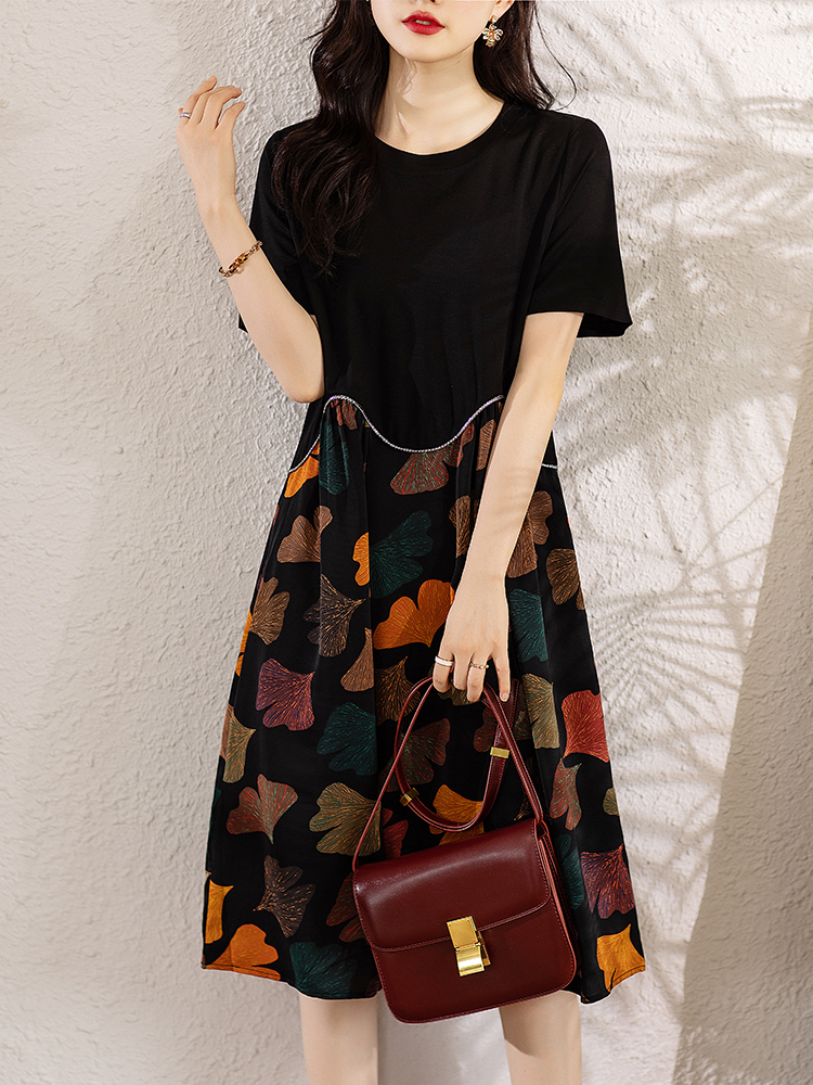 MY1451#夏季时尚V领银杏叶连衣裙宽松显瘦拼接长裙女女裝貨源服裝批發
