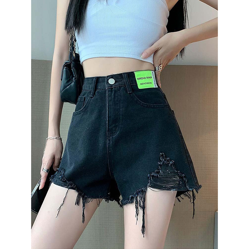 Raw edge ripped denim shorts for women summer new style pear-shaped high-waisted slimming high-waisted a-line hot pants