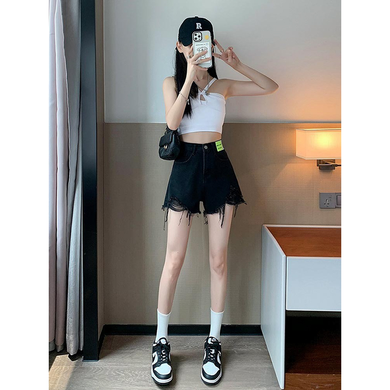 Raw edge ripped denim shorts for women summer new style pear-shaped high-waisted slimming high-waisted a-line hot pants