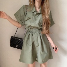 批发已出 2026chic韩系复古休闲工装抽绳收腰阔腿翻领<b class='q'>连体裤</b>短裤女