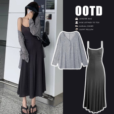 批发慵懒风<b class='q'>长款</b>防晒<b class='q'>开衫</b>+薄款吊带裙两件套孕妇装