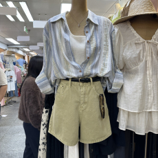 批发2025韩国东大门夏新款韩版宽松翻领通勤休闲百搭防晒条纹衬衣开衫